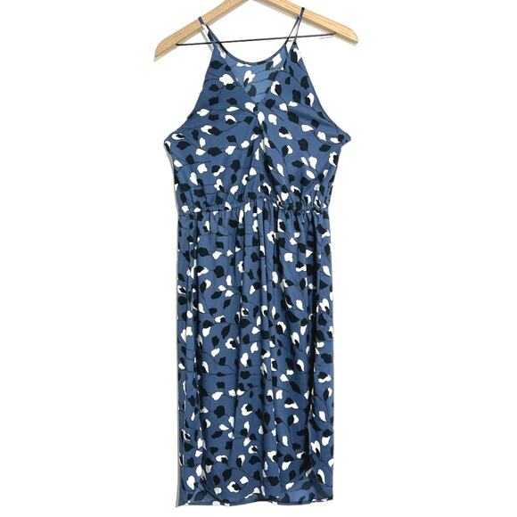 Loft Small Blue Floral Midi Slip Dress High Neck Drawstring y2K Beach Wedding - Picture 3 of 8